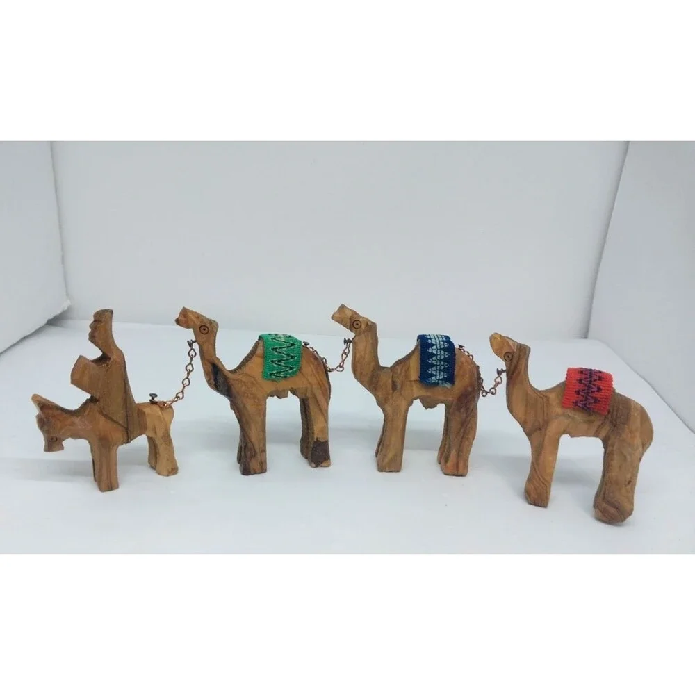 Vtg Donkey Camel Caravan Train Figurines Hand Carved Olive Wood Jerusalem 4 pc.